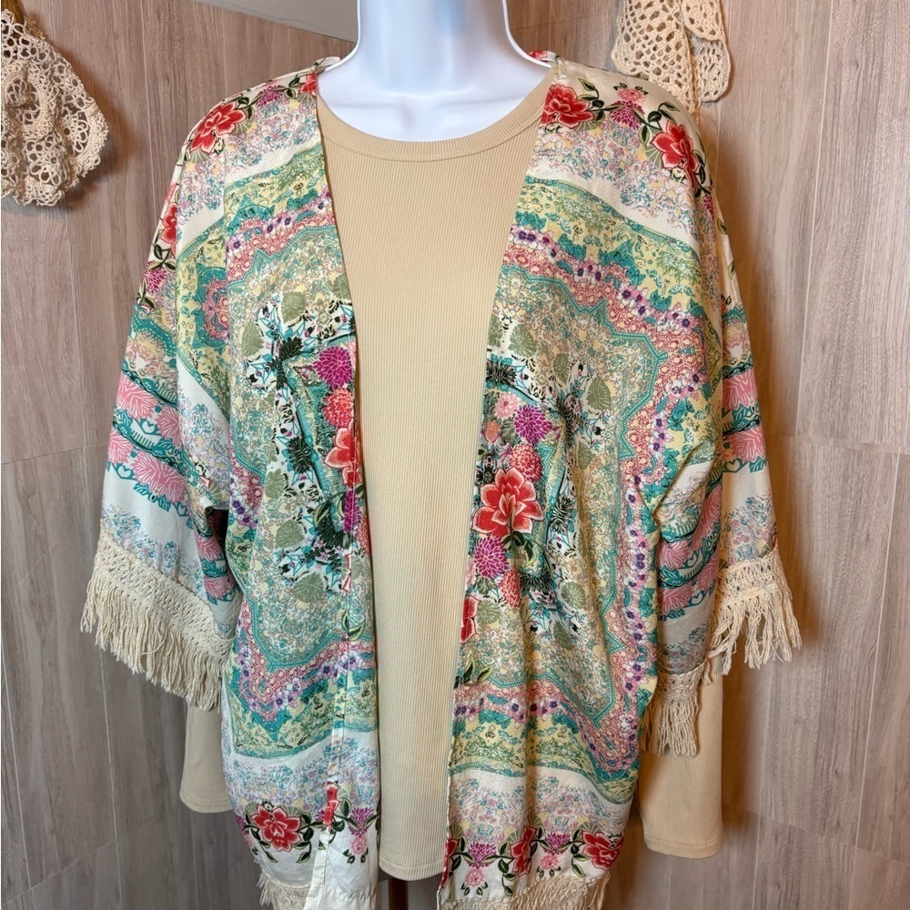 Floral Kimono Cardigan with Fringe
